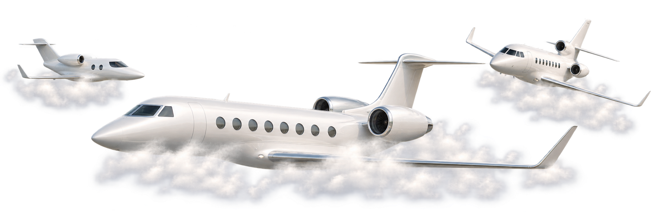 Three distinct white private jets above the clouds